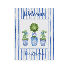 Load image into Gallery viewer, Welcome Garden House Flag — Personalized Blue Topiary Porch Banner