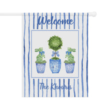 Load image into Gallery viewer, Welcome Garden House Flag — Personalized Blue Topiary Porch Banner