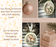 Load image into Gallery viewer, Pale pink and sage Santa and fairy wooden Christmas ornaments, coordinating set of two by The Blue Heron Studio