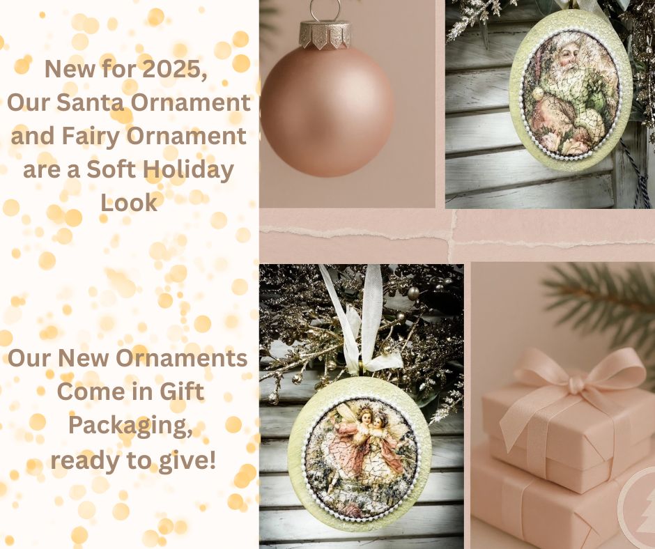 2025 Pale Pink and Sage Christmas Ornaments of Santa and Fairies Set of Two