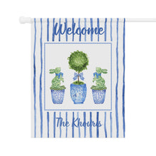 Load image into Gallery viewer, Welcome Garden House Flag — Personalized Blue Topiary Porch Banner