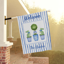 Load image into Gallery viewer, Welcome Garden House Flag — Personalized Blue Topiary Porch Banner