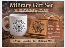 Load image into Gallery viewer, Military Retirement Gift Set Personalized Coffee Mug Custom Emblem Design Veteran Ceremony Present Matching Coaster Collection Service Member Recognition Active Duty Appreciation Perfect Patriotic Keepsake Premium Quality Construction