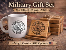 Load image into Gallery viewer, Patriotic Military Coffee Set Custom Emblem Mug Design Personalized Veteran Gift Collection Service Member Recognition Retirement Ceremony Present Matching Coaster Available Active Duty Appreciation Premium Quality Construction Perfect
