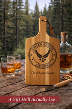 Load image into Gallery viewer, Military Charcuterie Board Personalized Cutting Wooden Serving Tray Custom Kitchen Accessory American Flag Engraved Design Veteran Gift Idea __etsy:7953750175