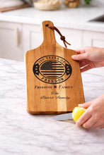 Load image into Gallery viewer, American Flag Charcuterie Board Military Service Recognition Personalized Wooden Tray Custom Engraved Design Family Name Feature Patriotic Kitchen Accessory Veteran Gift Idea Handcrafted Wood Quality Entertaining Essential Commemorative __etsy:7905605410
