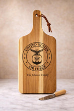 Load image into Gallery viewer, Engraved Wooden Board Military Charcuterie Tray Personalized Family Name Custom American Flag Design Patriotic Serving Platter Kitchen Entertaining Accessory Veteran Gift Idea Service Member Present Special Occasion Recognition Handcrafted __etsy:7904806720