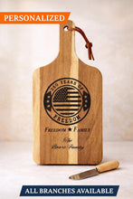 Load image into Gallery viewer, Military Charcuterie Board Personalized Cutting Wooden Serving Tray Custom Kitchen Accessory American Flag Engraved Design Veteran Gift Idea __etsy:7905233152