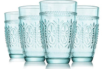 Load image into Gallery viewer, CREATIVELAND Colored Vintage Drinking Glasses Set of 4, 15.5 oz Romantic Embossed Water Glasses, Colored Tumblers Tempered Glass for Juice, Beverages, Beer, Cocktail (Blue)