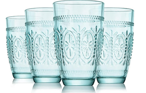 CREATIVELAND Colored Vintage Drinking Glasses Set of 4, 15.5 oz Romantic Embossed Water Glasses, Colored Tumblers Tempered Glass for Juice, Beverages, Beer, Cocktail (Blue)