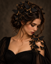 Load image into Gallery viewer, Illustrative Halloween costume idea with moths adorning a hairpiece and black shoulder garment