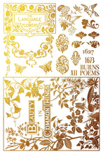Load image into Gallery viewer, Decorative Transfer Paper Furniture Makeover Supplies Gold Silver Gilded Design IOD Athenaeum Collection Vintage Botanical Peacock Floral Ornate Pattern Eight Sheets Premium Metallic Rub On Transfers Cabinet Dresser Refinishing Projects DIY