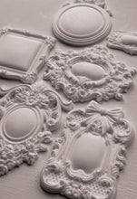 Load image into Gallery viewer, Vintage Style Frame Mold IOD Silicone Casting Collection Baroque Ornate Design Furniture Upcycling Supplies DIY Crafting Essential Resin Art Projects Mixed Media Tools Food Safe Flexible Material Detailed Frame Medallion Bow Patterns
