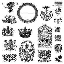 Load image into Gallery viewer, Iron Orchid Designs Stamp Collection Vintage Literary Labels Apothecary Style Stamps Junk Journal Embellishments Victorian Era Typography Botanical Design Elements Antique Label Stamps Mixed Media Art Supplies Ornate Frame Designs Classic