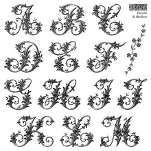 Load image into Gallery viewer, IOD Clear Stamp Set Vintage Alphabet Collection French Embroidery Inspired Design Ornate Letters Botanical Flourish Pattern Reusable Crafting Supplies Junk Journal Embellishment Furniture Restoration Projects Mixed Media Artwork Handmade