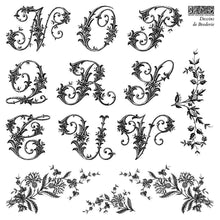 Load image into Gallery viewer, Ornate Monogram Letters Vintage Alphabet Stamp Collection French Floral Design IOD Clear Reusable Stamps Victorian Typography Botanical Embellishment Pattern Perfect Furniture Painting Junk Journal Supplies Mixed Media Crafting Handmade