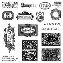 Load image into Gallery viewer, Vintage Stamp Set Iron Orchid Designs Literary Labels Junk Journal Supplies Apothecary Label Stamps Victorian Typography Botanical Motifs Antique Bookplate Designs Mixed Media Crafting Supplies Decorative Flourishes Ornate Frames Classic