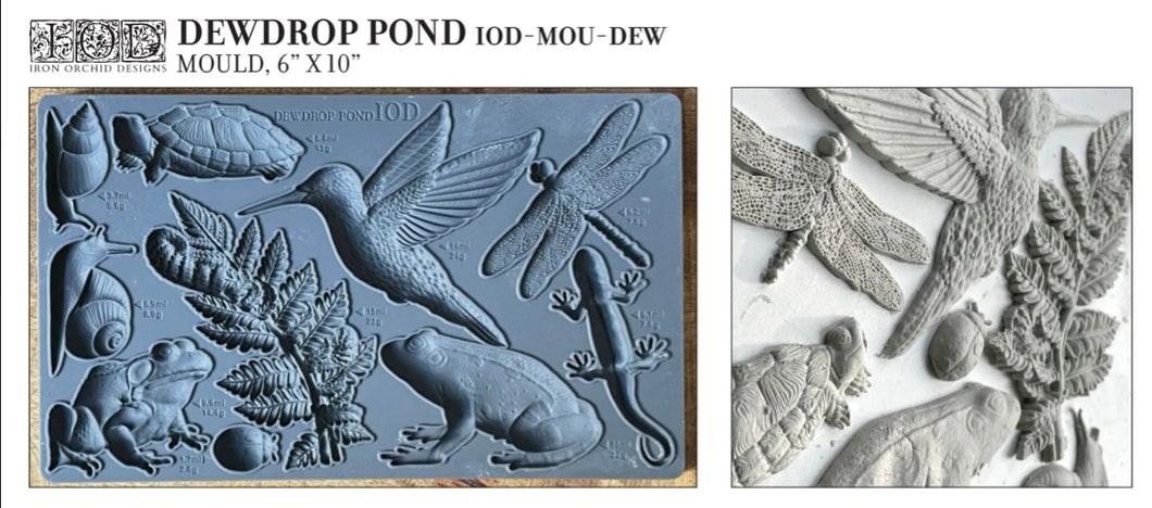 Dew Drop Pond Mould Mold Iron Orchid Designs IOD, Dewdrop features hummingbird, turtle, frog and gecko lizard
