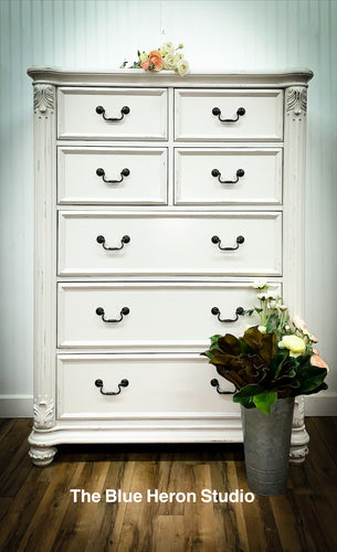Creamy Ivory White Distressed Seven Drawer Chest Dresser