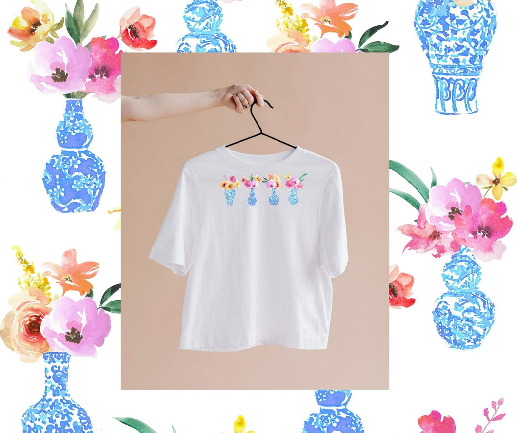 Sort Sleeve White T Shirt with Blue and White Chinoiserie Ginger Jars and Florals