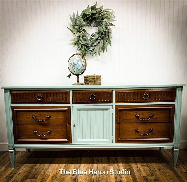 Blue Eucalyptus and Wood Tripe Dresser in Country Chic, Urban Farmhouse,  Mid Century/Boho/ Modern