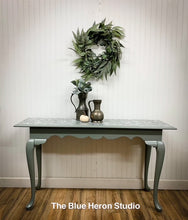 Load image into Gallery viewer, Muted Green Grey Sofa/Entry Table with Toile Table in Greys and WhiteMess