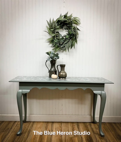 Muted Green Grey Sofa/Entry Table with Toile Table in Greys and WhiteMess